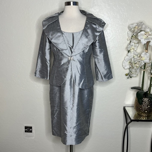 Eliza J Sleeveless Dress and Bolero Jacket 2 pc Set Silver 6 - Picture 1 of 9